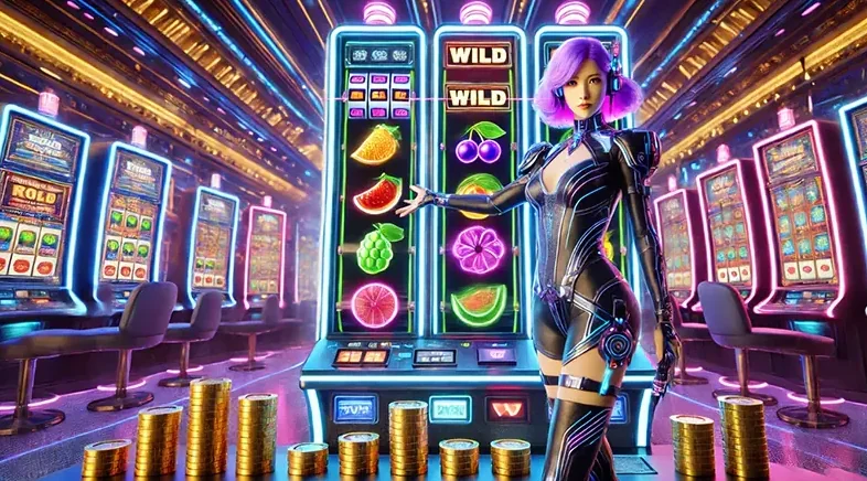 Reel slot dengan simbol permainan dan efek cahaya